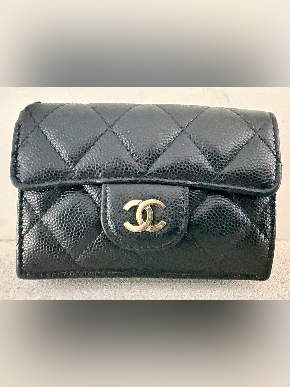 CHANEL Vintage Mini Caviar Leather Trifold Wallet Black Gold CC